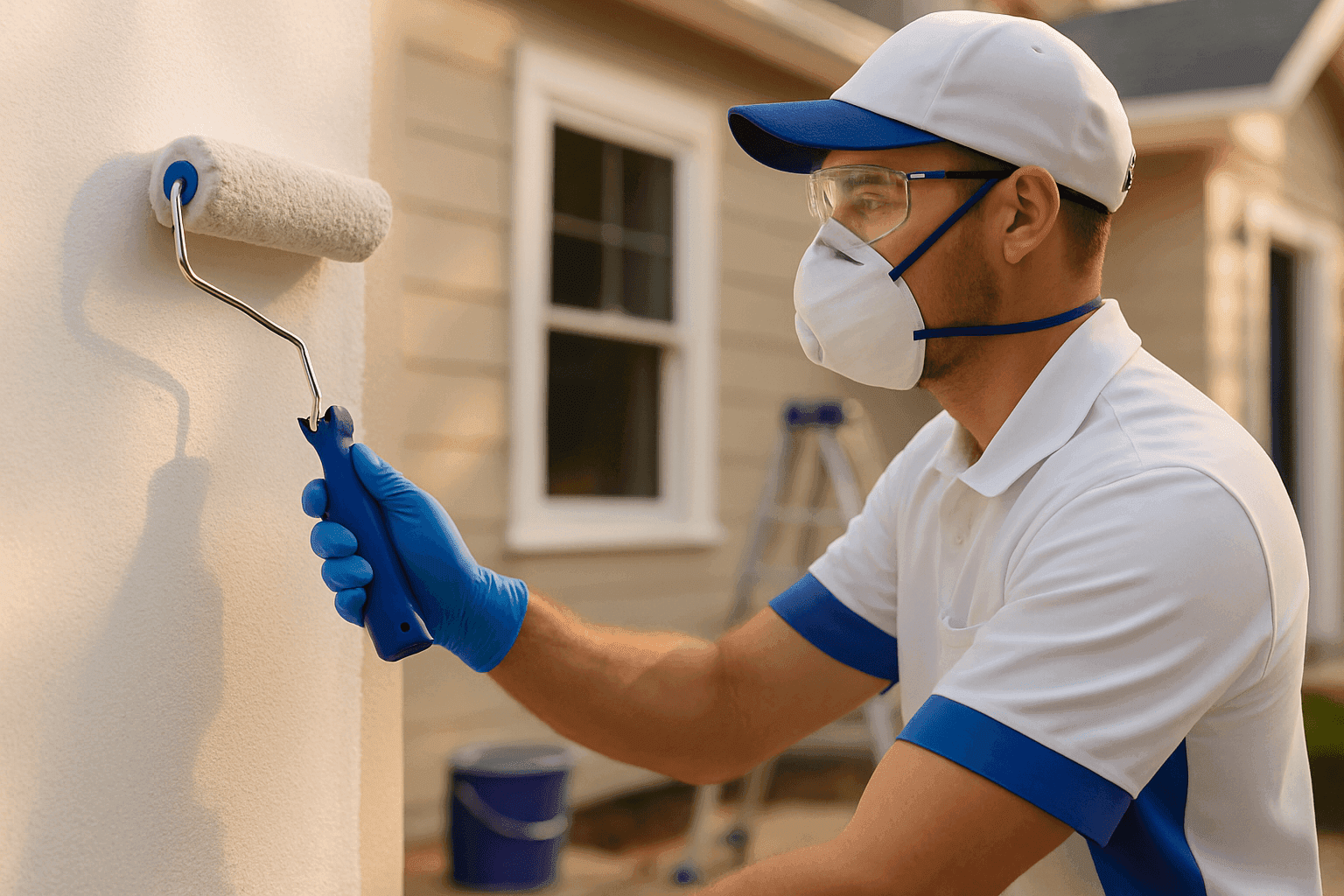 Professional painter wearing gloves, goggles, and mask applying paint with roller on exterior wall
